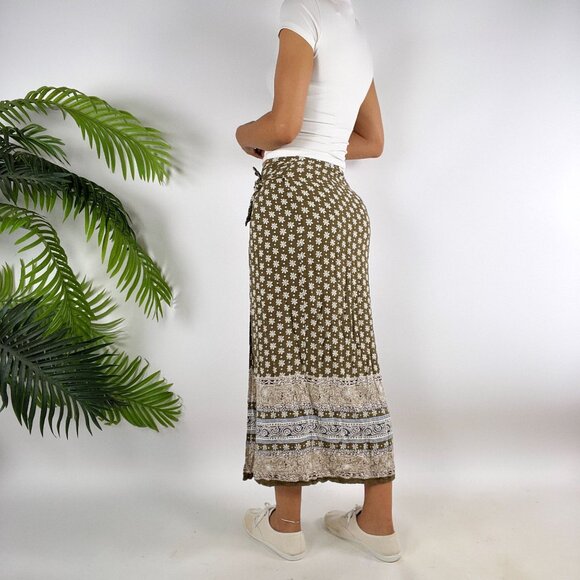 Vintage 90s Express Brown Floral Boho Beachy Cottage Wrap Maxi Skirt / Small - Picture 2 of 7